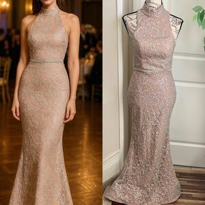 Portia & Scarlett Embellished High-Neck Halter Mermaid Gown Pink Silver Sz S